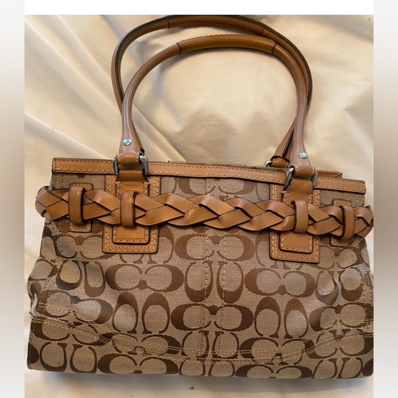 Coach Hampton Signature Braided Leather Logo Canvas Satchel - Picture 7 of 14
